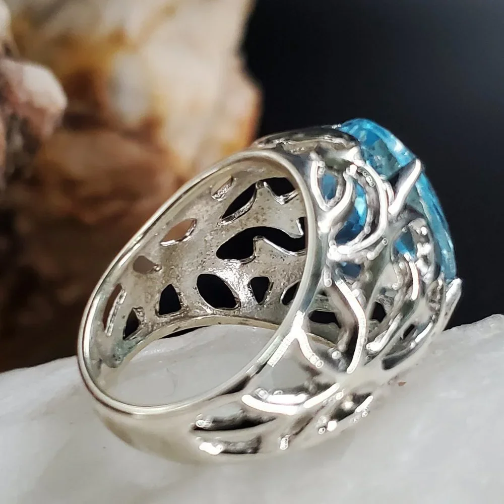 Big Silver Ring 925 Sterling Large Genuine Blue Topaz Gemstone Gift for Lady